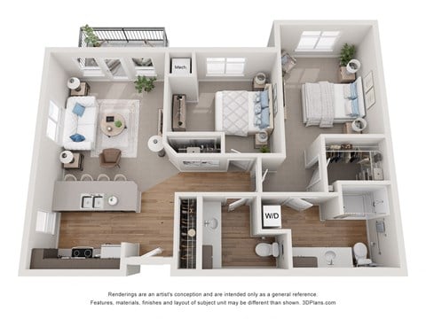 Floor plan for 2 beds, 1.5 baths, 1004 sqft